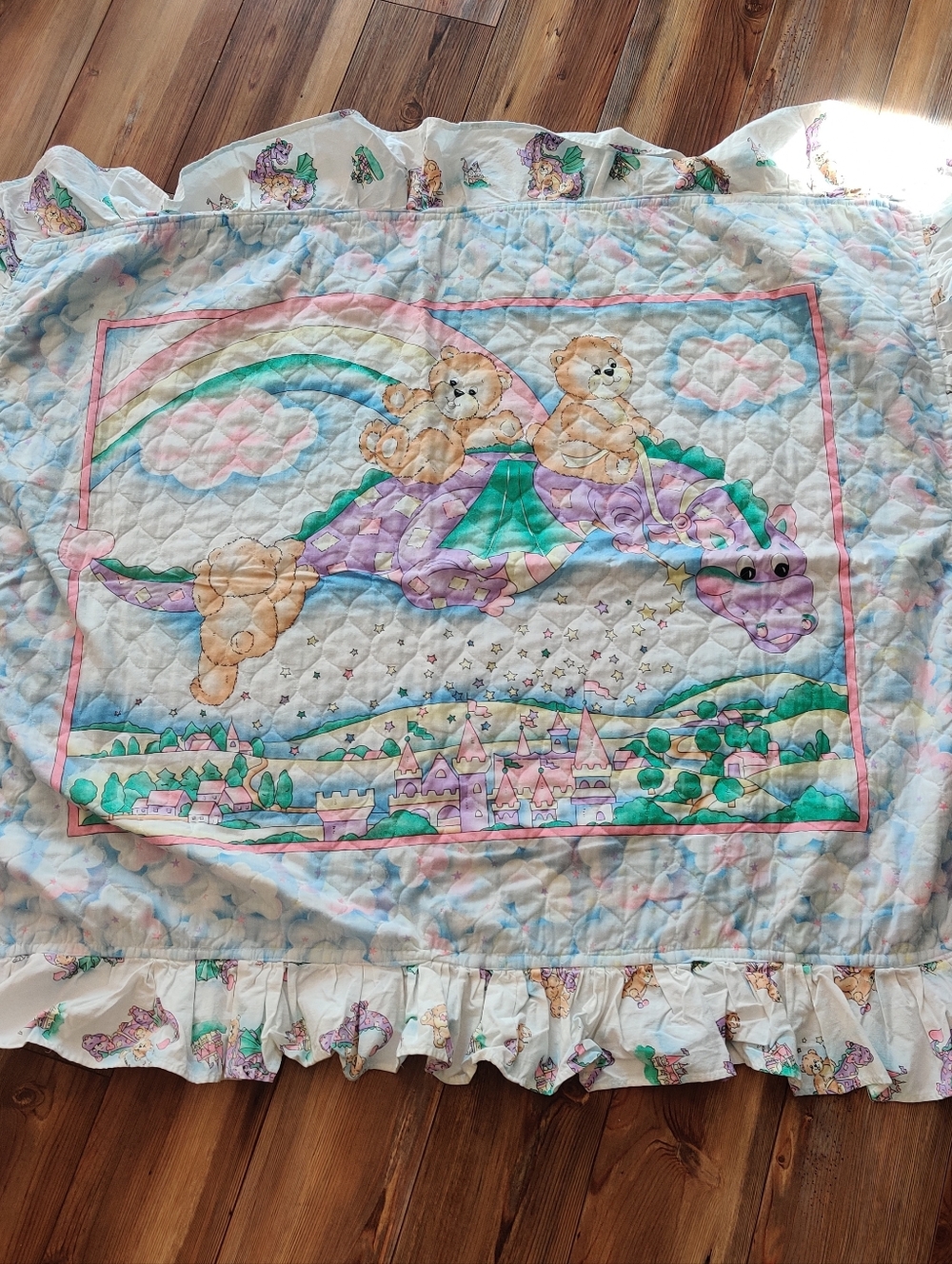 Vintage Baby Blanket Dragon Bears Rainbow Lightweight Quilted Crib Pram Fantasy